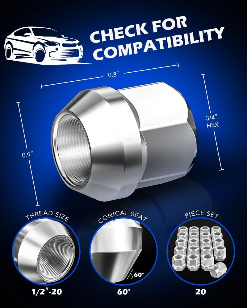 Orion Motor Tech صواميل العجلات المفتوحة من أوريون موتور تكنولوجي 1/2"-20، 3/4" 19 مم سداسي 0.84x0.9 بوصة مطلية بالكروم متوافقة مع دودج داكوتا رام تشارجر فورد برونكو إكسبلورر F-150 جيب رانجلر، مجموعة من 20 - Image 2